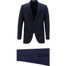 Kiğılı 7 Drop Slim Fit Dar Kesim Açık Lacivert Ekose Takım Elbise Erkek Ceket Yaka Astarlı
