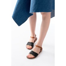 Bayan Sandalet 205-012 Siyah Ortopedik Hakiki Deri Kadın Sandalet