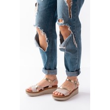 Bayan Sandalet 730-044 Bej Garni Ortopedik Örgü Desenli Hakiki Deri Dolgu Kadın Sandalet