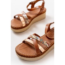 Bayan Sandalet 730-015 Taba Garni Ortopedik Hakiki Deri Dolgu Kadın Sandalet