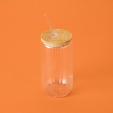 İpek Bambu Kapaklı Pipetli Bardak  - Açık Kahverengi / Şeffaf