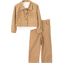 Kız Çocuk Kahverengi Gabardin Ceket Pantolon Badili Üçlü Takım