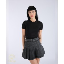 Kısa Kollu Basic Crop Tişört Siyah