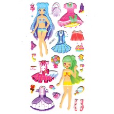 Sticker Kabartmalı Stiker Çıkartma Etiket (XHC074)-18X9 Cm- Renkli Kız Giydirme