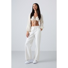 Tommy Life Ekru Yüksek Bel Cepli Rahat Form Geniş Paça Kadın Eşofman Alt - 94567