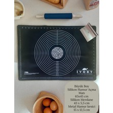 Büyük Boy Silikon Hamur Açma Matı Bambu Saplı Silikon Merdane Metal Hamur Kesme Aparatı