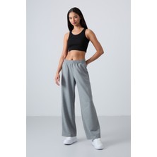 Tommy Life Gri Melanj Yüksek Bel Cepli Rahat Form Geniş Paça Kadın Eşofman Alt - 94567