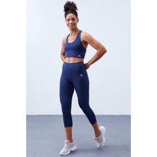 İndigo Yüksek Bel Toparlayıcı Çapraz Sırt Detaylı Slim Fit Kadın Tayt Takım - 95283