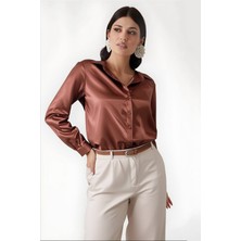 Hazelin Kadın Bakır Hafif Dökümlü Saten Yüzeyli Gömlek HZL22W-BD139641