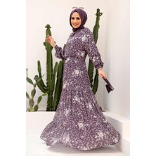 Neva Style Yakası Bağcıklı Mor Tesettür Elbise 2327MOR