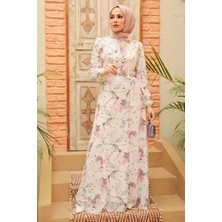 Neva Style Çiçek Desenli Ekru Tesettür Elbise 279017E