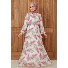 Neva Style Çiçek Desenli Ekru Tesettür Elbise 279066E