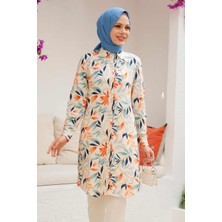 Neva Style Desenli Ekru Tesettür Viskon Tunik 11559E