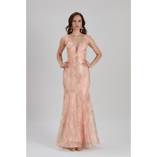 Neva Style Dantel Detaylı Somon Abiye Elbise 7555SMN