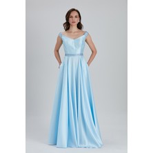 Neva Style Boncuk Detaylı Bebek Mavisi Saten Bulava Abiye Elbise 44260BM