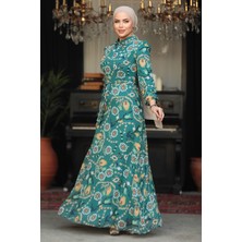 Neva Style Çiçek Desenli Yeşil Tesettür Elbise 279326Y
