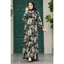 Neva Style Desenli Siyah Tesettür Elbise 15711S