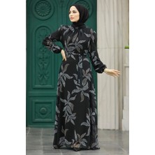 Neva Style Yaprak Desenli Siyah Tesettür Elbise 279310S