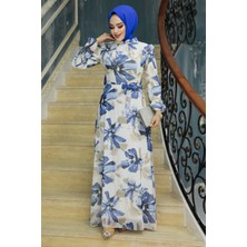 Neva Style Çiçek Desenli Ekru Tesettür Elbise 279322E