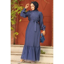 Neva Style Pileli İndigo Mavisi Tesettür Elbise 39651IM