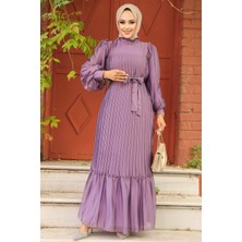 Neva Style Pileli Koyu Lila Tesettür Elbise 39651KLILA