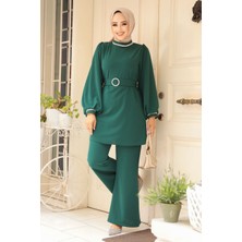 Neva Style Tokalı Kemerli Zümrüt Yeşili Tesettür İkili Takım 20034ZY
