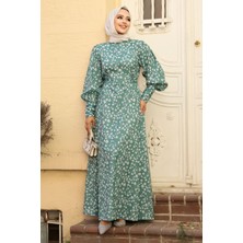 Çiçek Desenli Çağla Yeşili Tesettür Elbise 61091CY