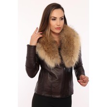 Hakiki Deri Siyah Işlemeli Kürklü Kadın Ceket