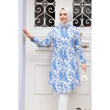 Desenli Mavi Tesettür Tunik 11695M