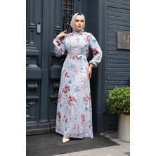 Çiçek Desenli Gri Tesettür Elbise 27963GR