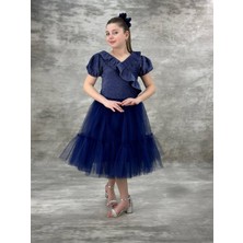 Bes Trend Kız Çocuk Eslem Simli Fırfır Dekolte Şık Elbise 10-13 Yaş