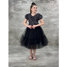 Bes Trend Kız Çocuk Eslem Simli Fırfır Dekolte Şık Elbise 10-13 Yaş