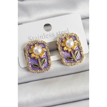 Pirinç Mor Mineli Papatya Figürlü Sanatsal Portre Model Gold Renk Kadın Küpe