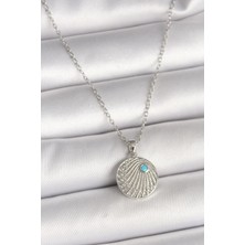 316L Çelik Gümüş Renk Zincir Zirkon Taşlı Mavi Taş Detaylı Madalyon Model Kadın Kolye