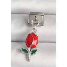 316L Çelik Gümüş Renk Kırmızı Gül Model Nomination Charm