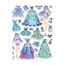 Sticker Kabartmalı Stiker Çıkartma Etiket (LAA603)-14X18 Cm- Turkuaz Kız Prenses Giydirme