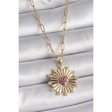 316L Çelik Gold Renk Pembe Zirkon Taşlı Kalp Işleme Madalyon Model Kadın Kolye