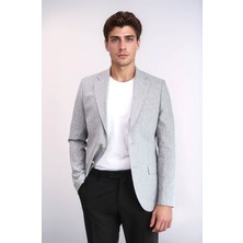 Gri Keten Dokulu Gold Renk Metal Düğmeli Slim Fit Erkek Blazer Ceket - Wessi