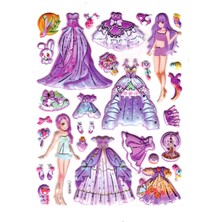 Sticker Kabartmalı Stiker Çıkartma Etiket (LAA605)-14X18 Cm- Mor Kız Prenses Giydirme