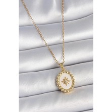 316L Çelik Gold Renk Zincir Beyaz Mineli Kutup Yıldız Işlemeli Madalyon Model Kadın Kolye