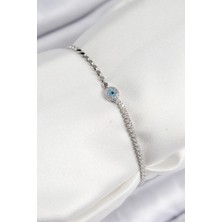 Pirinç Zirkon Taşlı Nazar Model Ezme Zincir Gümüş Renk Kadın Bileklik