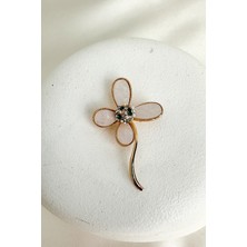 Altın Rengi Yeşil Beyaz Taş Detay Sedefli Çiçek Broş (6cm)