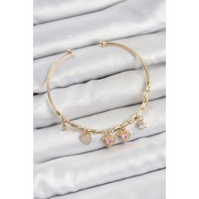 Pirinç Zirkon Taşlı Pembe Kalp Model Gold Renk Charm Bileklik