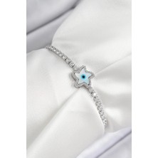 Pirinç Zirkon Taşlı Nazar Yıldız Model Gümüş Renk Asansörlü Kadın Bileklik