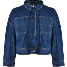 Kadın Büyük Beden Mavi, Düğme Kapama, Cepli Kısa Kot Mont 65N39020