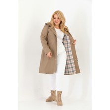 Kadın Suya Dayanıklı Büyük Beden Trençkot Uzun Kapüşonlu Trençkot Bonded Kumaş Içi Ekoseli Trençkot