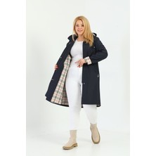 Kadın Suya Dayanıklı Büyük Beden Trençkot Uzun Kapüşonlu Trençkot Bonded Kumaş Içi Ekoseli Trençkot