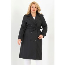 Kadın Suya Dayanıklı Büyük Beden Trençkot Kemerli Uzun Kruvaze Trençkot Bonded Kumaş Astarlı Krem