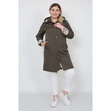 Kadın Suya Dayanıklı Büyük Beden Trençkot Uzun Kapüşonlu Trençkot Bonded Kumaş Içi Ekoseli Trençkot