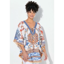 Kadın Büyük Beden Renkli, Düşük Kol, Ön Bağcık Detaylı Desenli Bluz 65N39042